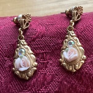 Vintage 1928 drop Rosebud scroll gold tone earrings